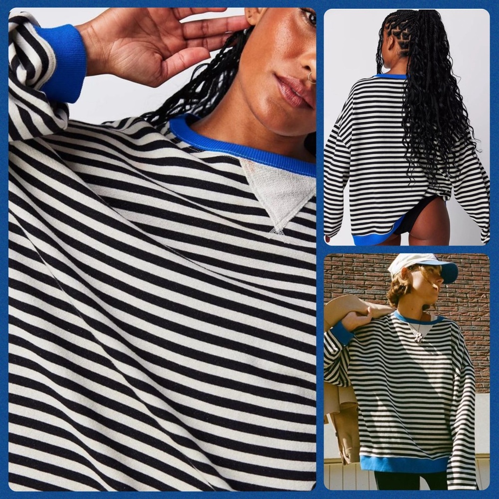 🍒(A002) NWOT Free People Classic Stripe Oversized Crewneck. Black/White/Blue LRG